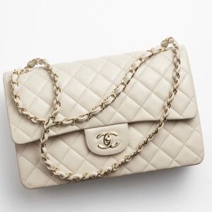 Large Beige Chanel classic flap purse NWT